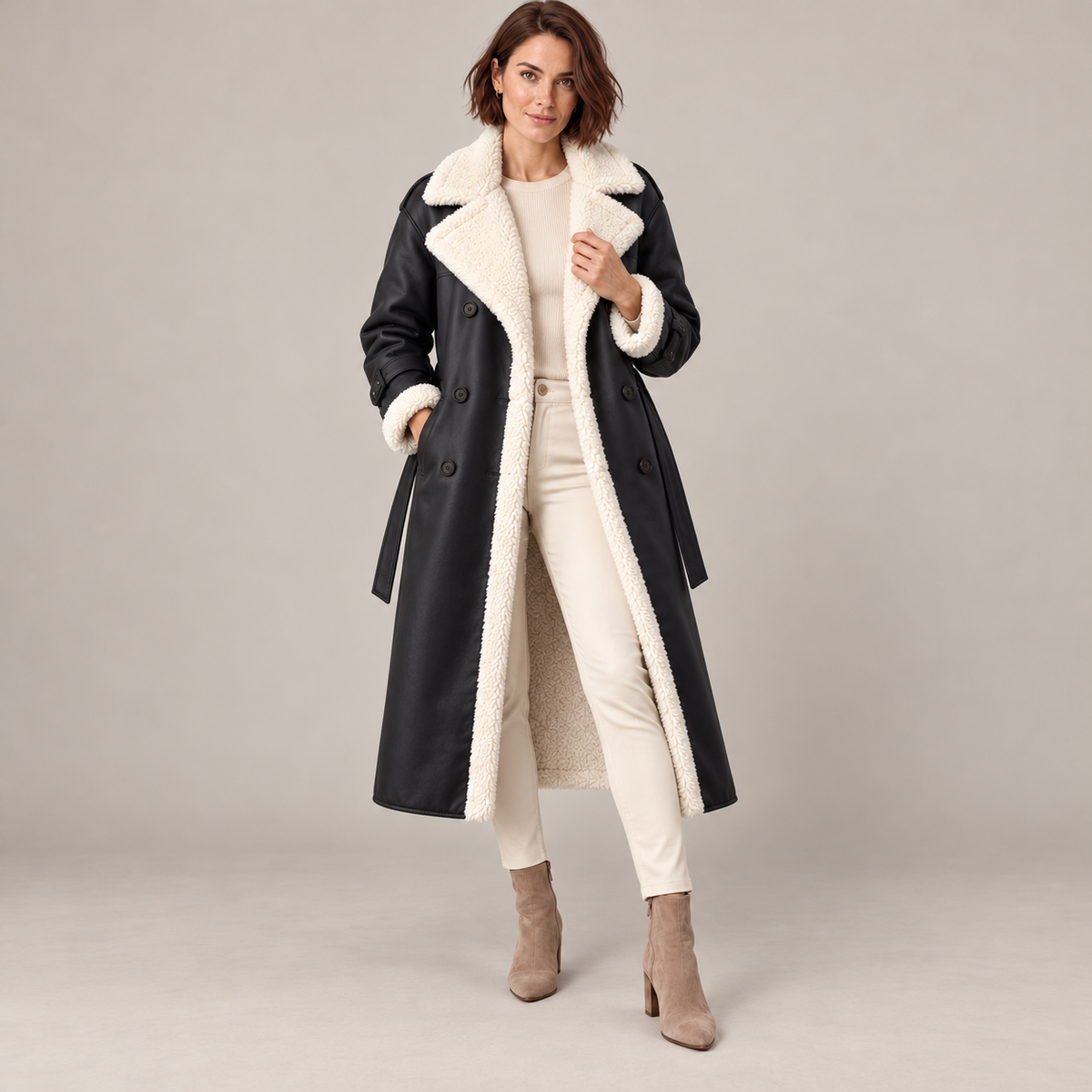 Westenbury  Women’s Plush-Lined PU Leather Trench Coat