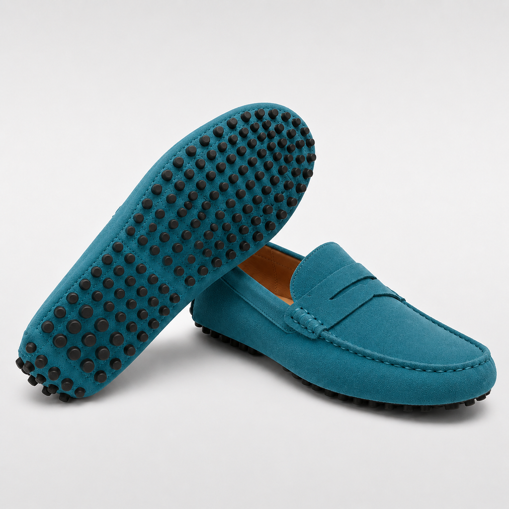 Blue loafers with black speckled sole on a light gray background