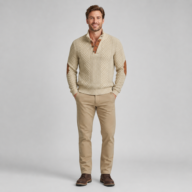 A man modeling a beige cable-knit sweater with brown leather elbow patches and a brown buttoned collar, paired with khaki pants and brown shoes, against a light gray studio background.
