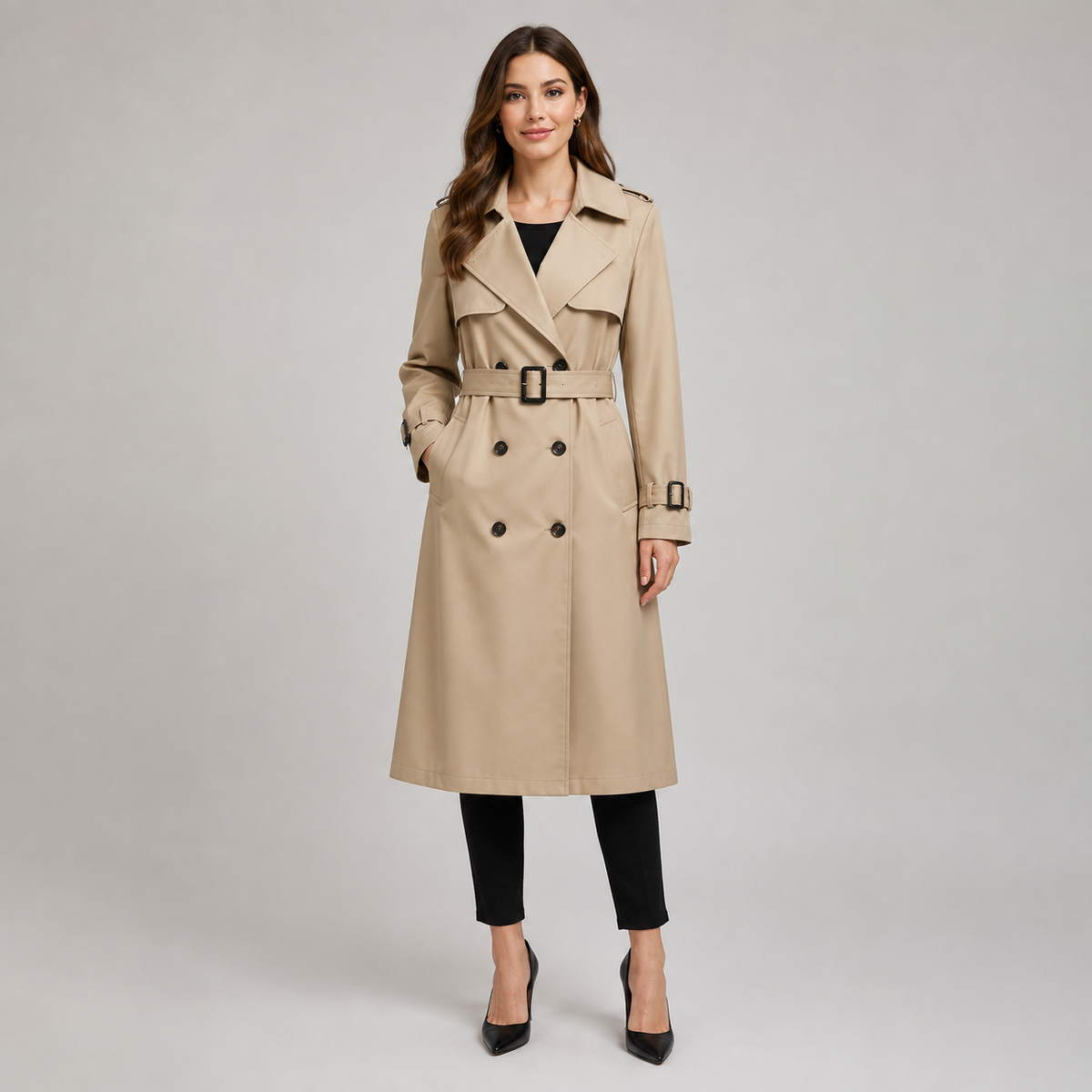 Westenbury Women's long double-breasted trench coat with belt