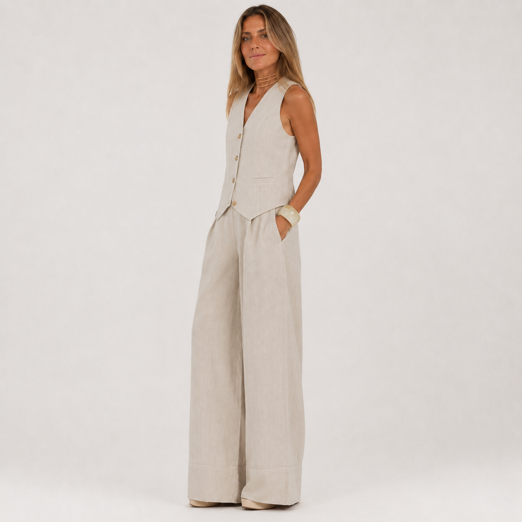 Woman wearing a beige jumpsuit on a white background
