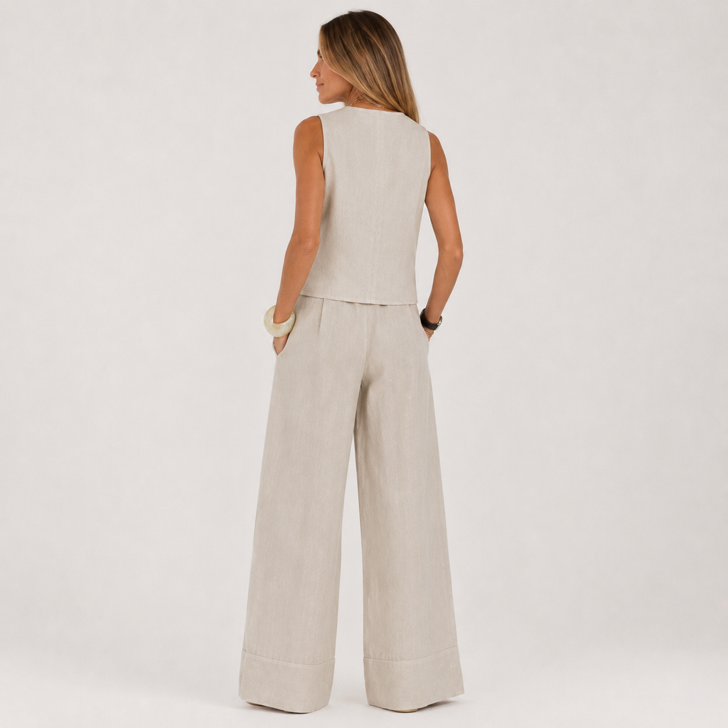 Woman wearing a beige sleeveless top and wide-leg pants on a plain background