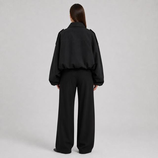 A model viewed from the back wearing a black cropped jacket with wide sleeves and matching black wide-leg trousers, set against a plain light gray studio background.