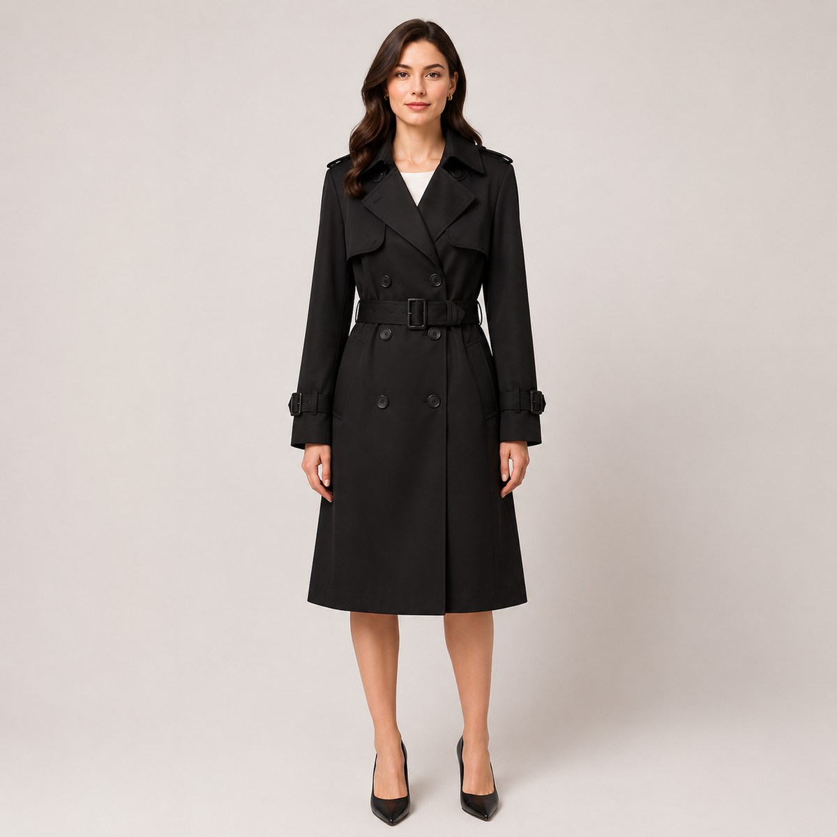 A woman modeling a black double-breasted trench coat with a matching belt, styled over a white top and black heels, against a neutral light gray studio background.