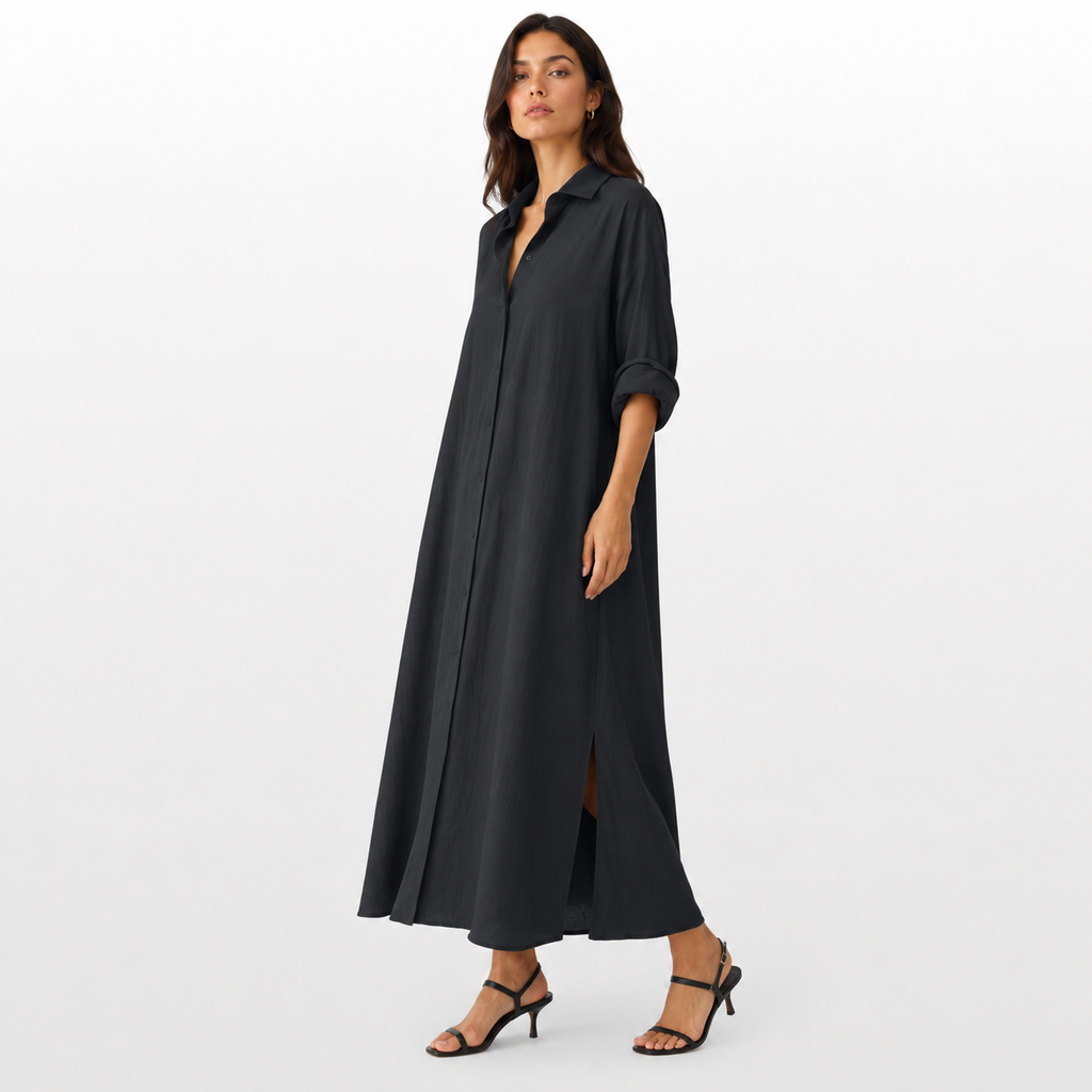 Woman wearing a black dress on a white background