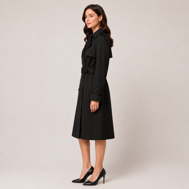 A woman modeling a black knee-length trench coat with a matching belt, shown in side profile against a plain light gray studio background.