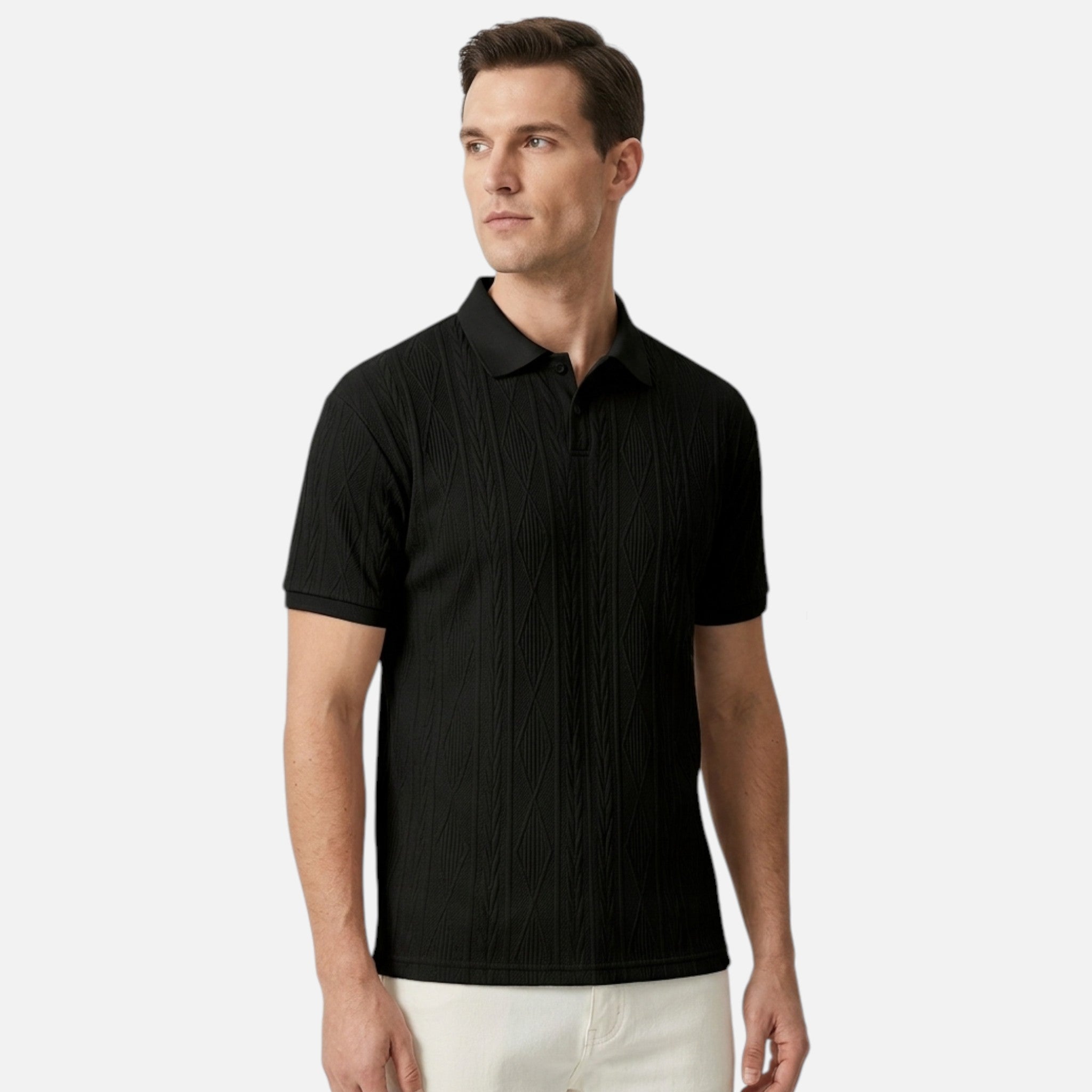 Man wearing a black polo shirt on a white background