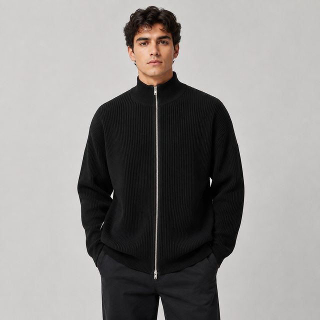A man wearing a black ribbed knit zip-up sweater with a mock neck and silver zipper, paired with black trousers, against a light gray studio background.