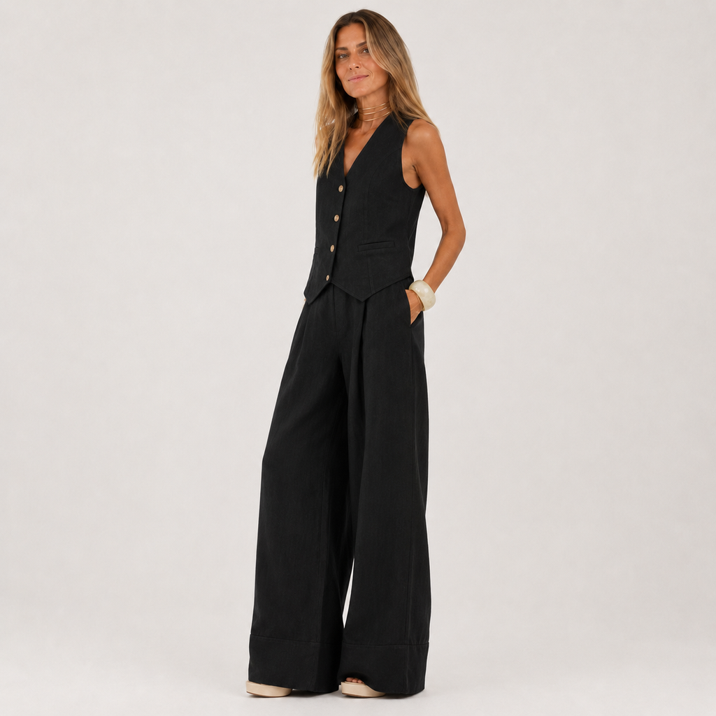 Woman wearing a black sleeveless top and wide-leg pants on a white background