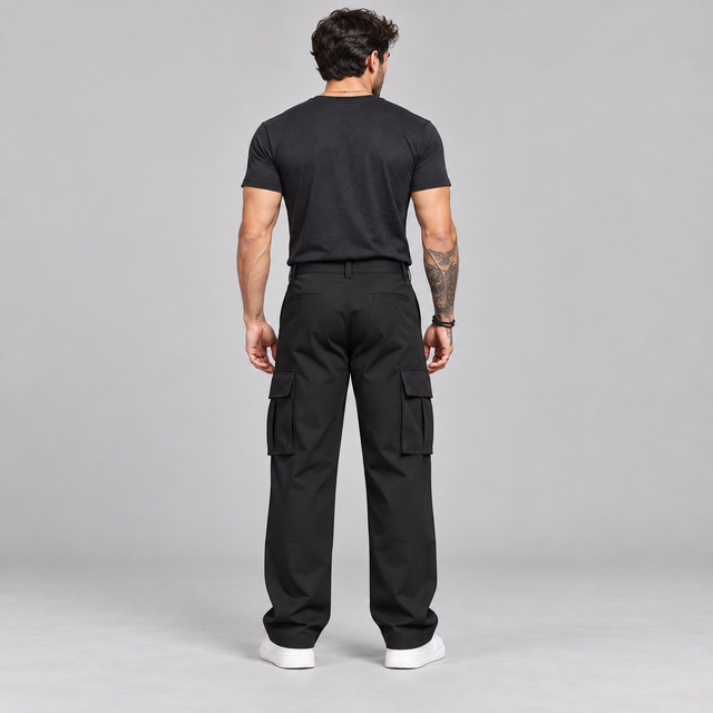 A man viewed from the back wearing black cargo pants, a black t-shirt, and white sneakers, standing against a solid gray studio background.