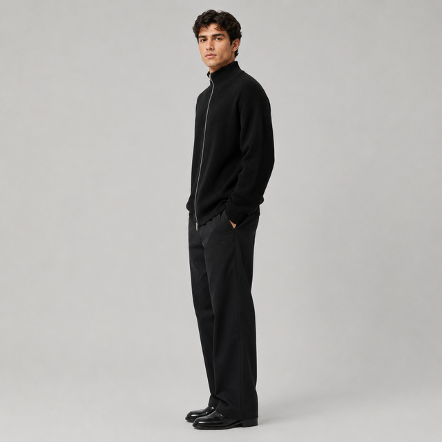 A man modeling a black zip-up mock neck sweater and matching black trousers against a light gray studio background.