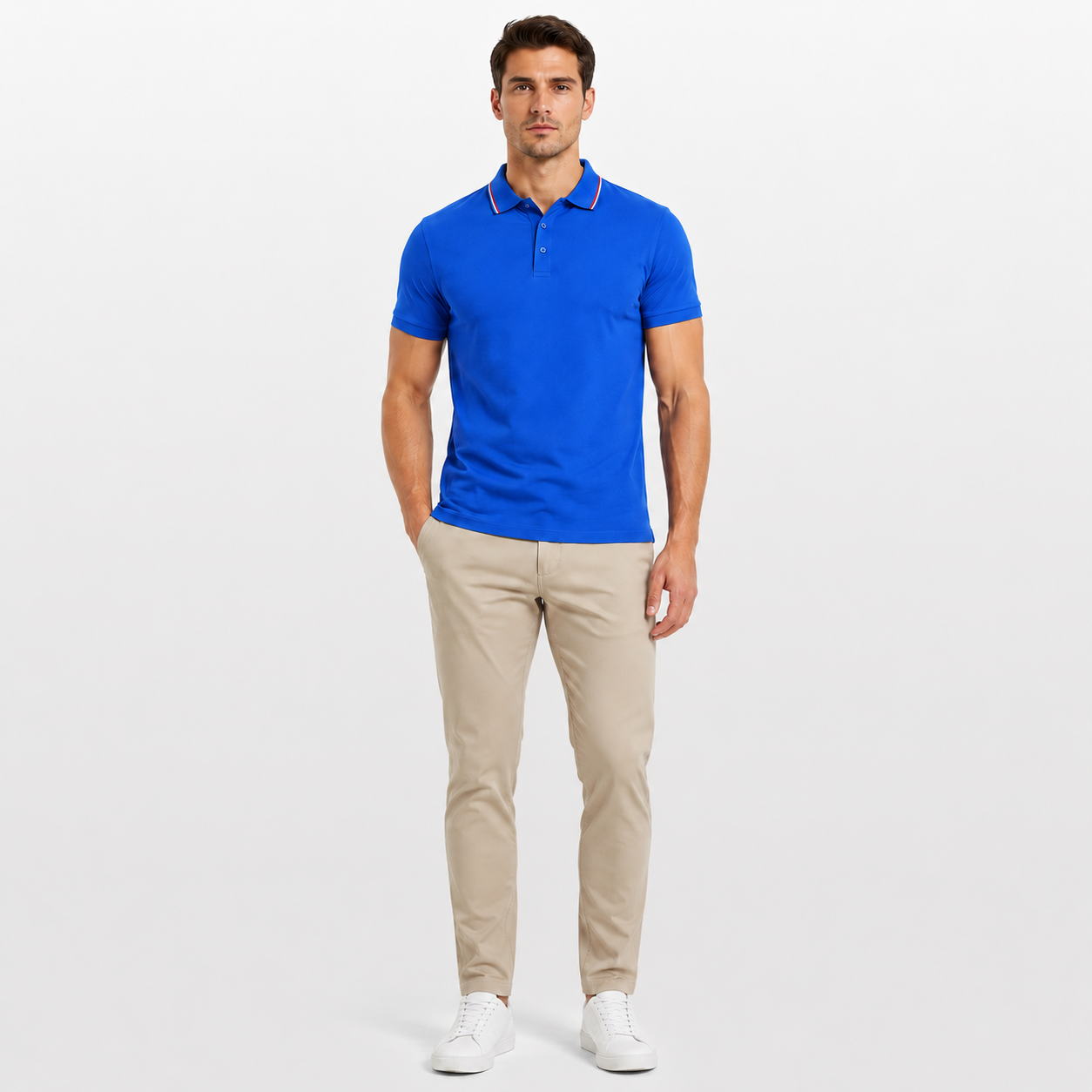 Man wearing a blue polo shirt and beige pants on a white background