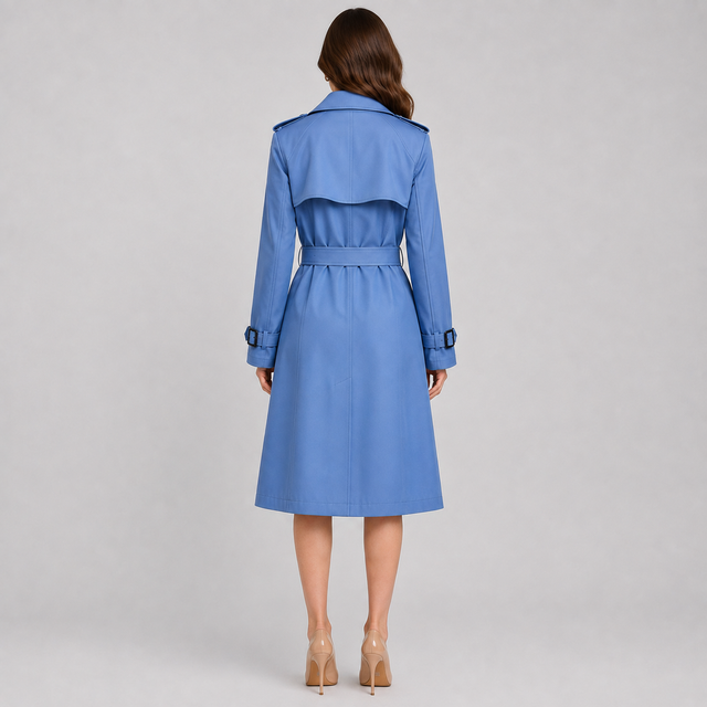 A woman viewed from the back wearing a blue trench coat with a matching waist belt, paired with beige high heels, against a light gray studio background.