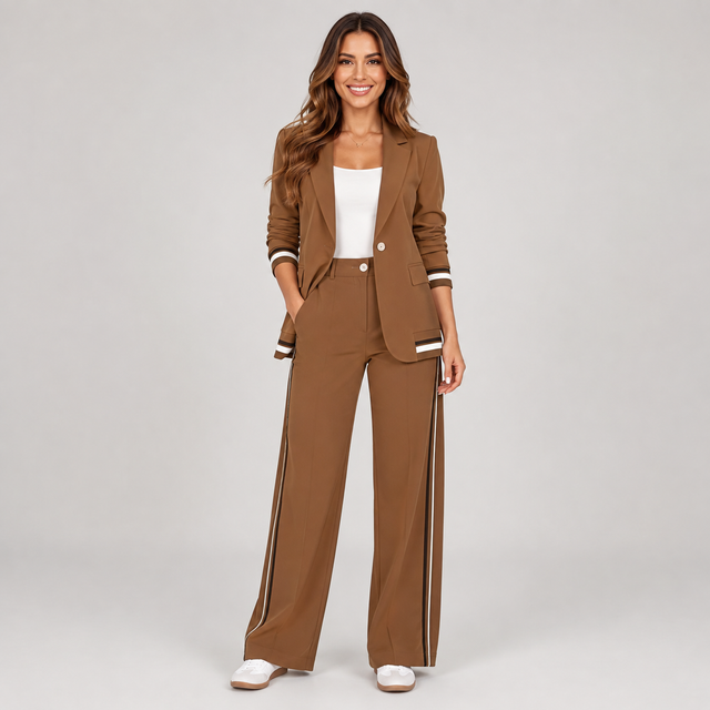 A woman modeling a brown two-piece blazer and wide-leg pants set with white and brown striped trim on the cuffs, hem, and side seams, paired with a white top and white shoes, against a light gray studio background.