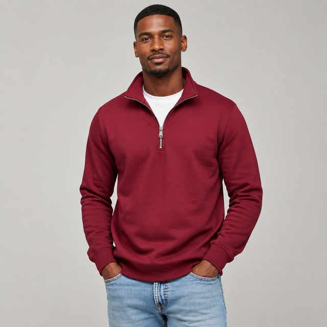 A man wearing a burgundy quarter-zip pullover sweater over a white t-shirt and light blue jeans, standing against a neutral gray studio background.