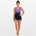 Woman wearing a colorful swimsuit with a black bottom on a white background