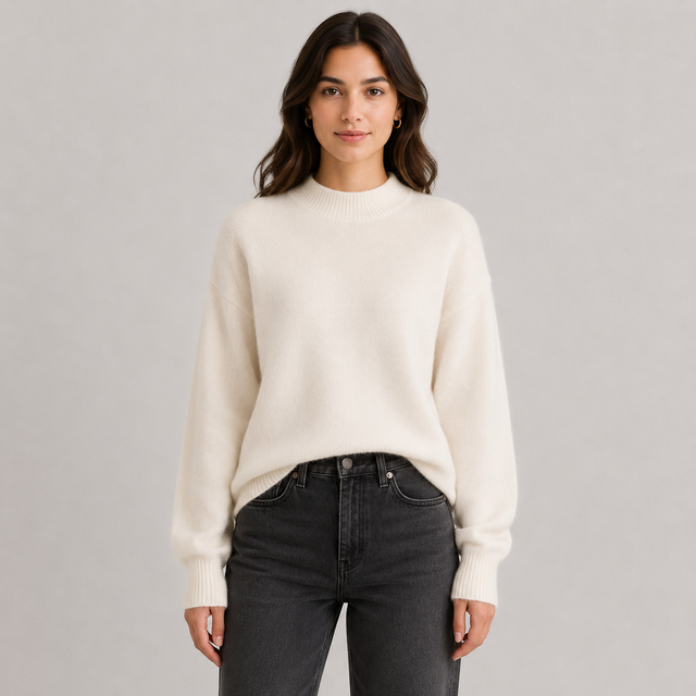A woman wearing a cream-colored knit sweater and dark gray jeans, standing against a light gray studio background.