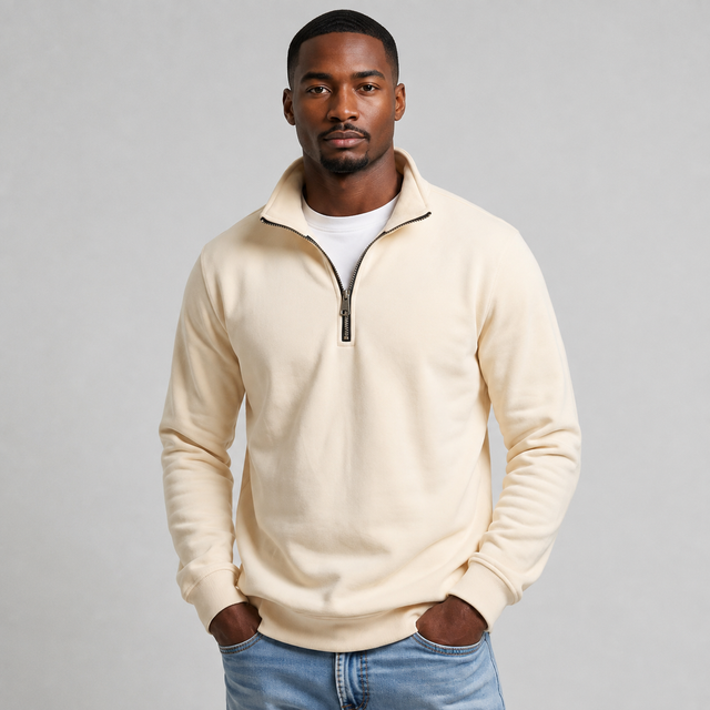 A man wearing a cream-colored quarter-zip sweatshirt over a white t-shirt and blue jeans, standing against a neutral gray studio background.