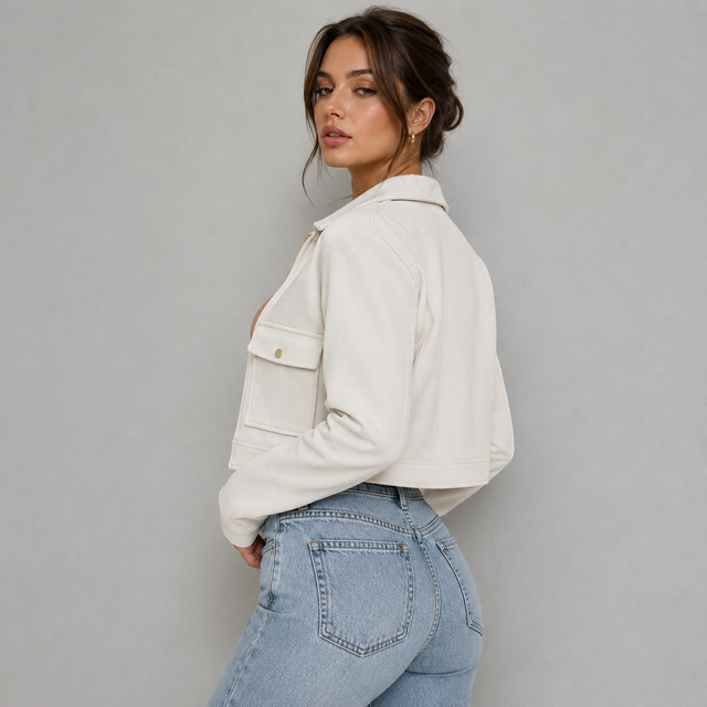 A woman wearing a cropped off-white faux leather jacket and light-wash blue jeans, photographed from the side against a solid gray studio background.