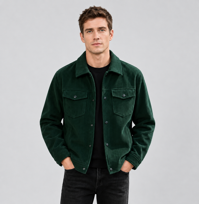 A man wearing a dark green corduroy jacket over a black t-shirt and black jeans, standing against a solid gray studio background.