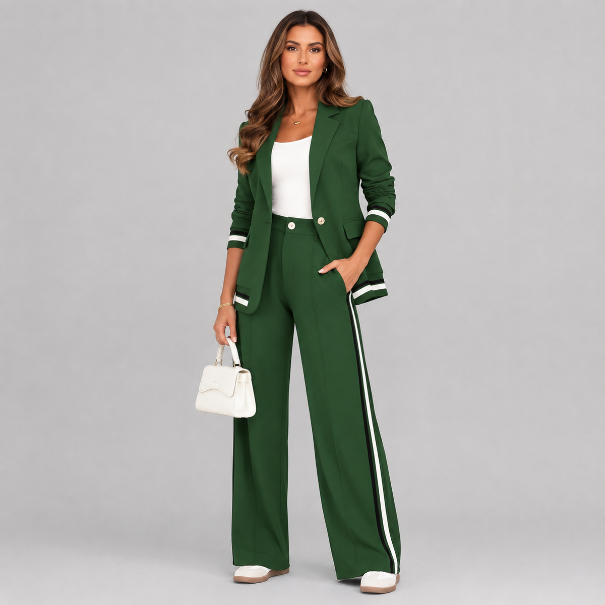 A woman models a dark green two-piece tracksuit with white and green striped accents on the cuffs, hem, and side of the pants, styled with a white top, white handbag, and white sneakers against a solid gray background.