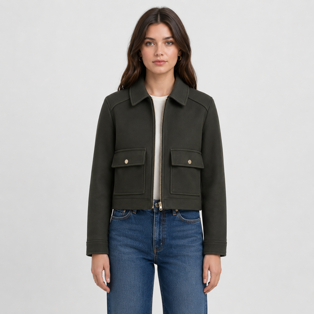 A woman modeling a dark olive green cropped jacket with a zip-up front, two flap pockets with gold-tone snaps, and ribbed cuffs, paired with blue jeans against a light gray studio background.