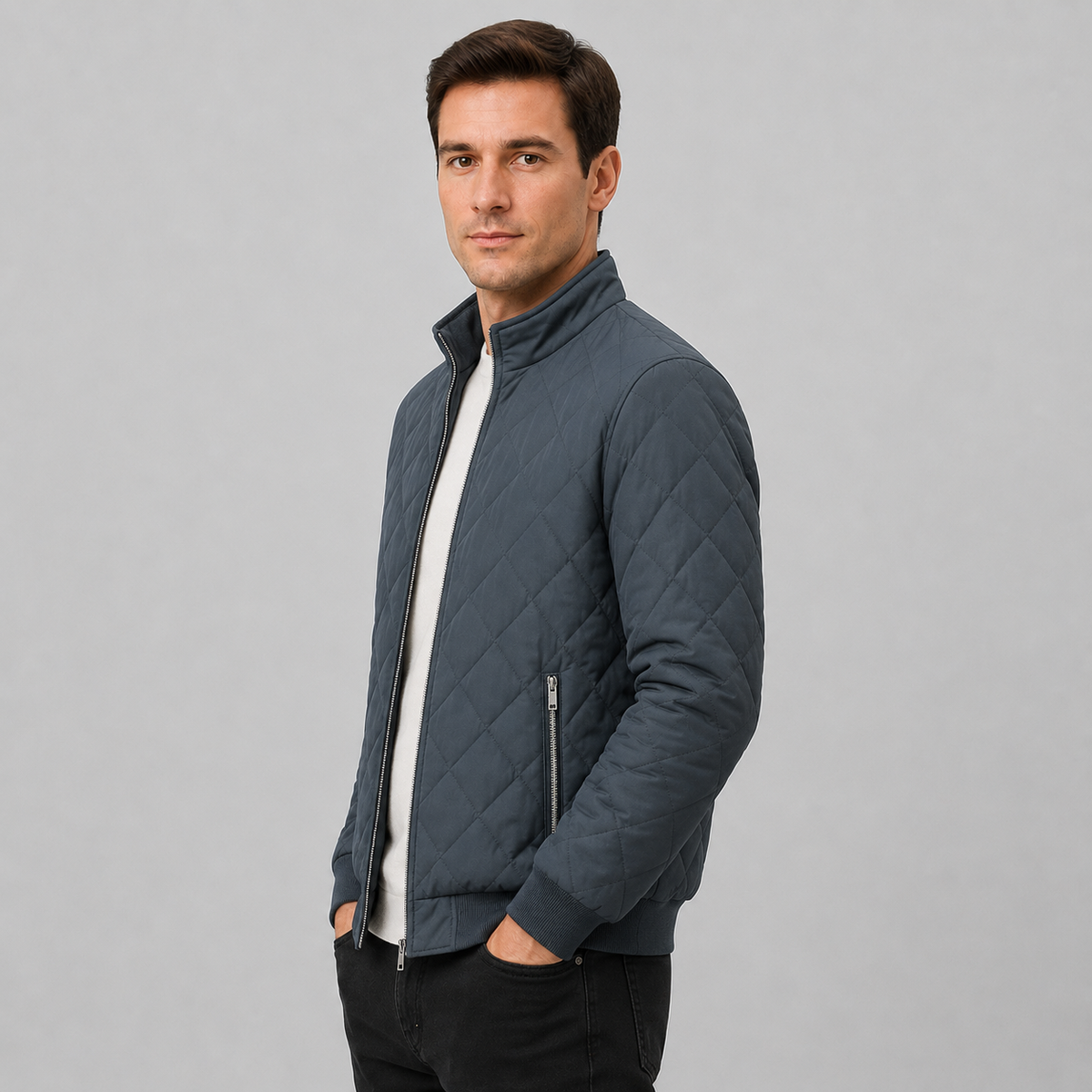 A man wearing a dark slate blue quilted zip-up jacket over a white t-shirt and black pants, standing against a solid gray studio background.