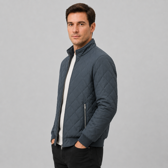 A man wearing a dark slate blue quilted zip-up jacket over a white t-shirt and black pants, standing against a solid gray studio background.