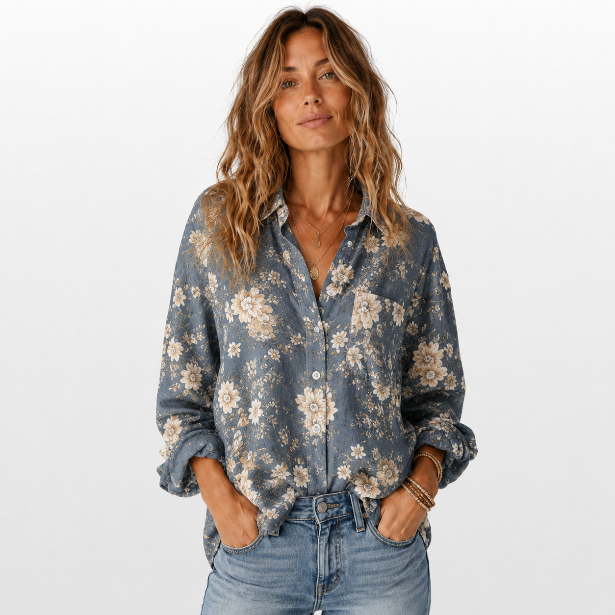 Woman wearing a floral shirt and jeans on a white background