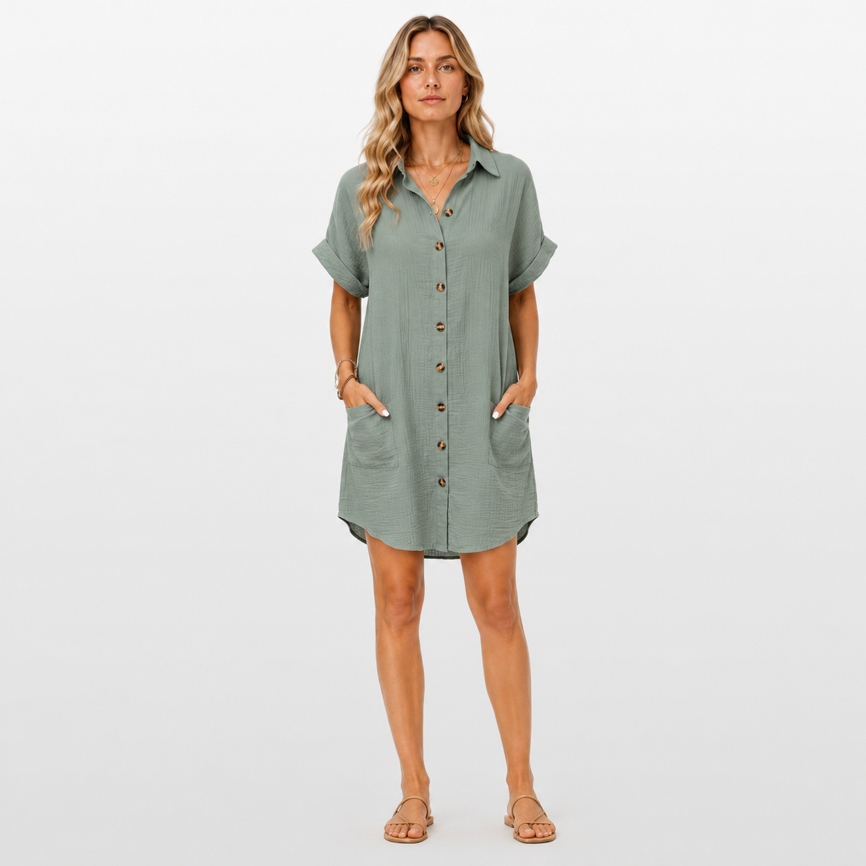 Woman wearing a green dress with button details on a white background