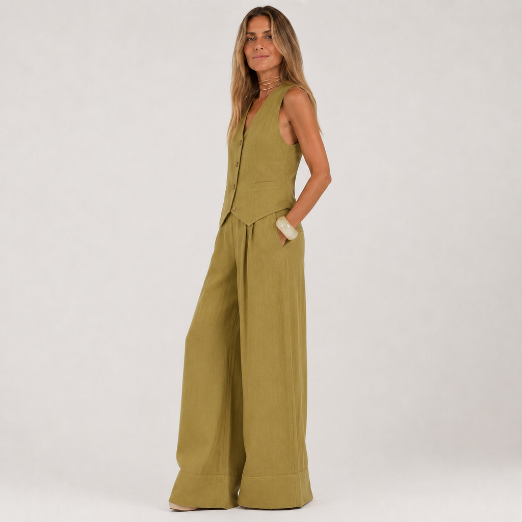Woman wearing a green jumpsuit on a white background