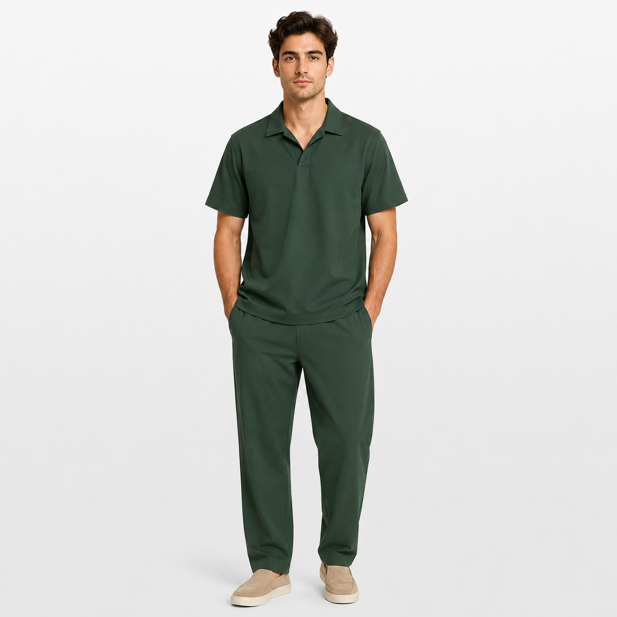 Man wearing a green polo shirt and pants on a white background