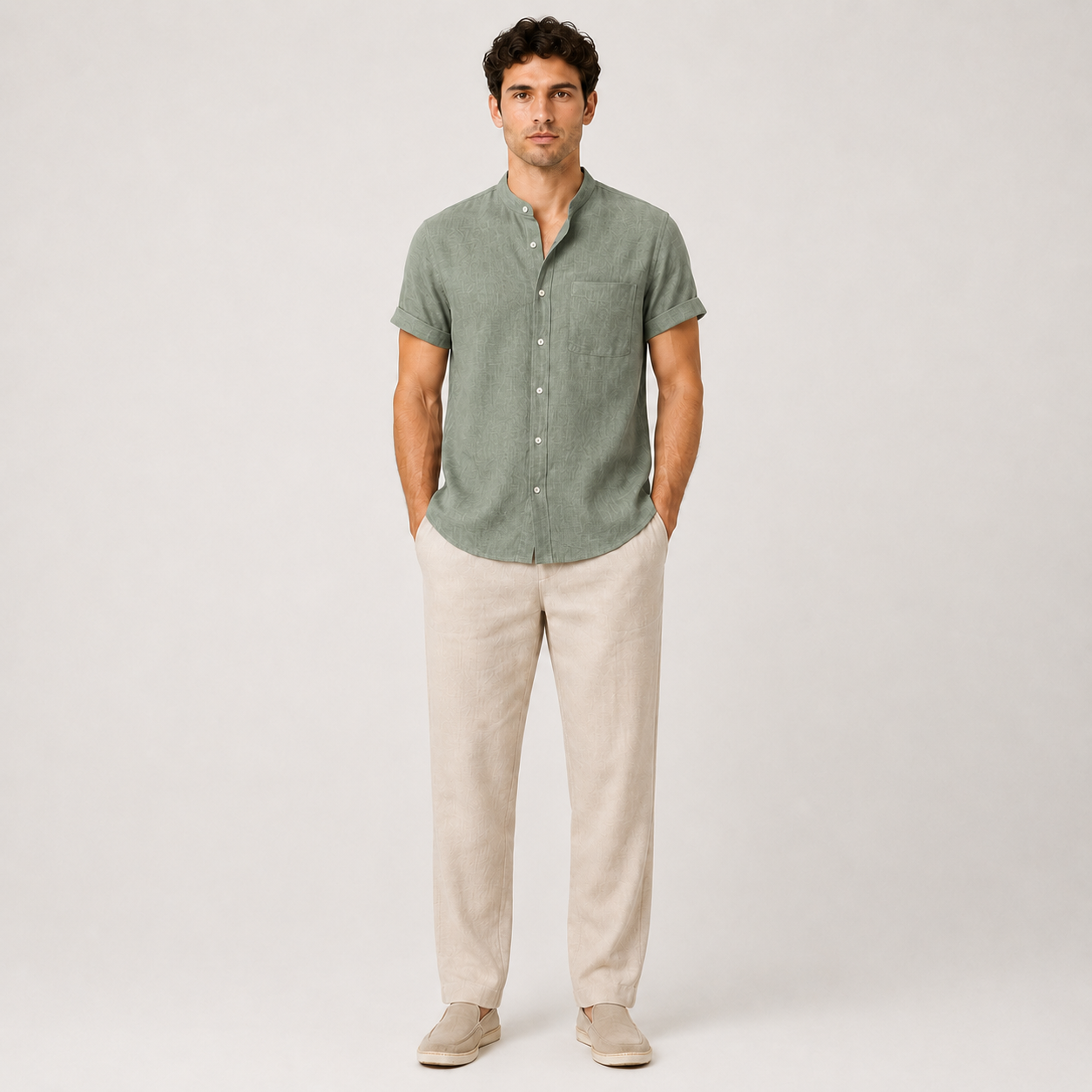 Man wearing a green shirt and beige pants on a white background
