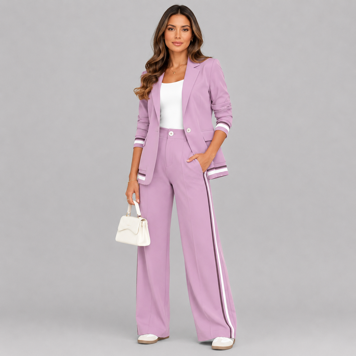A woman models a lavender purple two-piece tracksuit with white and purple striped accents on the sleeves and pants, styled with a white tank top, white handbag, and white sneakers against a solid gray background.