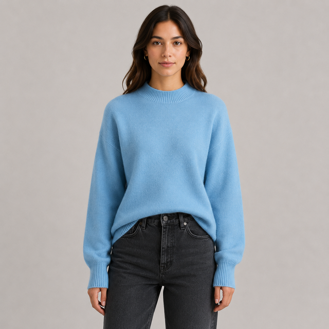 A woman wearing a light blue crewneck knit sweater and dark gray jeans, standing against a neutral light gray studio background.