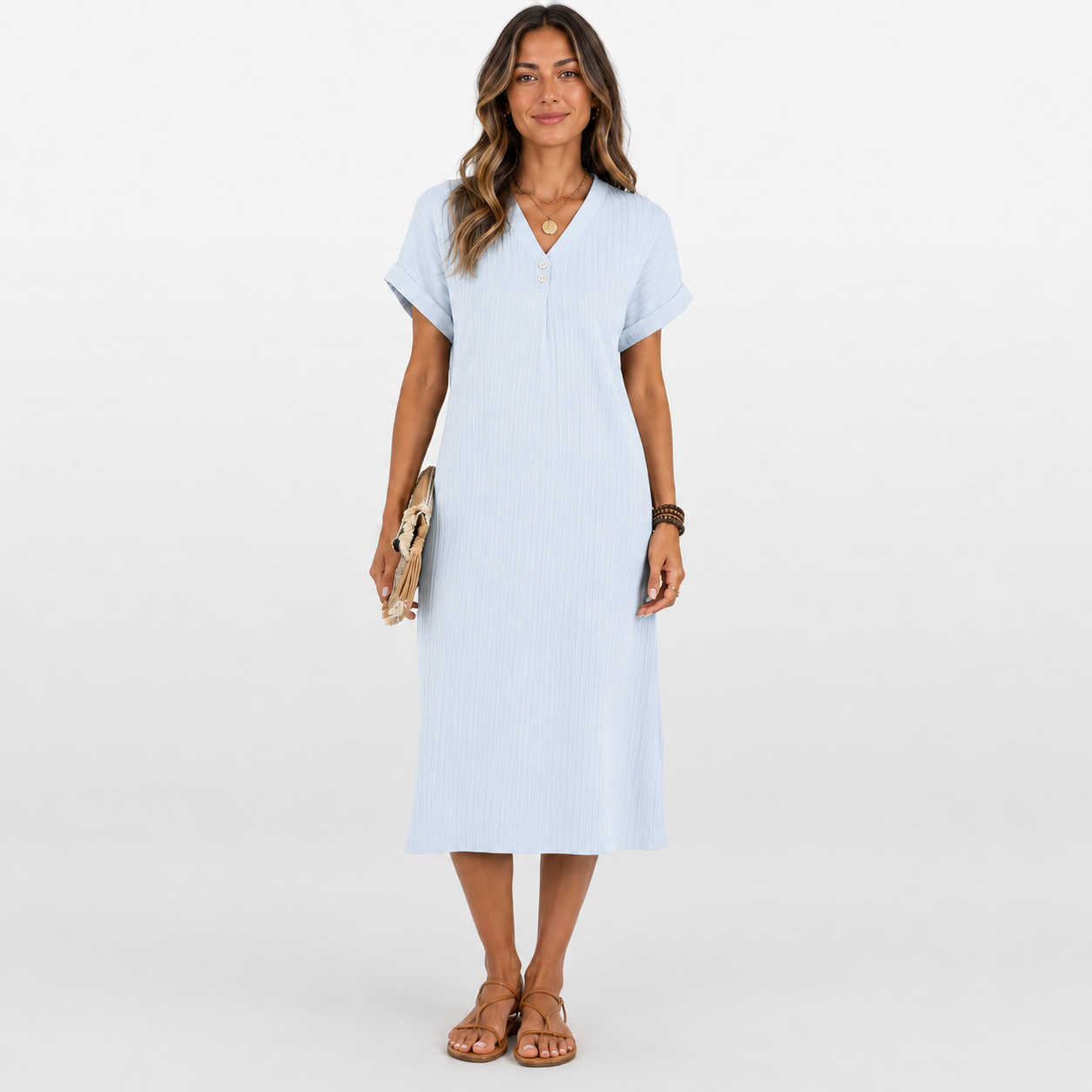 Woman wearing a light blue dress on a white background