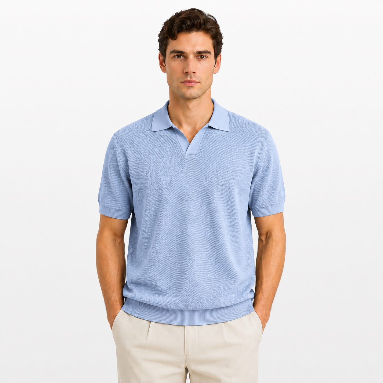Man wearing a light blue polo shirt on a white background
