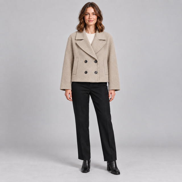A woman stands against a light gray studio background wearing a cropped double-breasted beige coat over a white top, black straight-leg pants, and black ankle boots.
