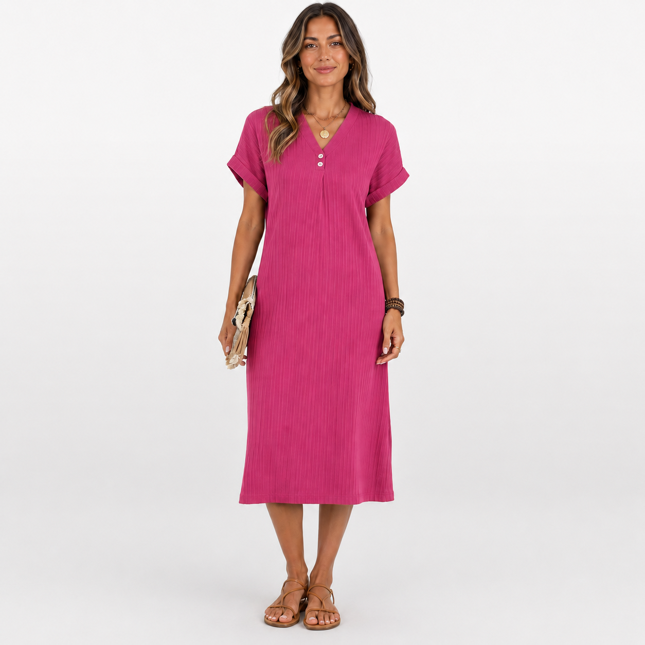 Woman wearing a pink dress on a white background
