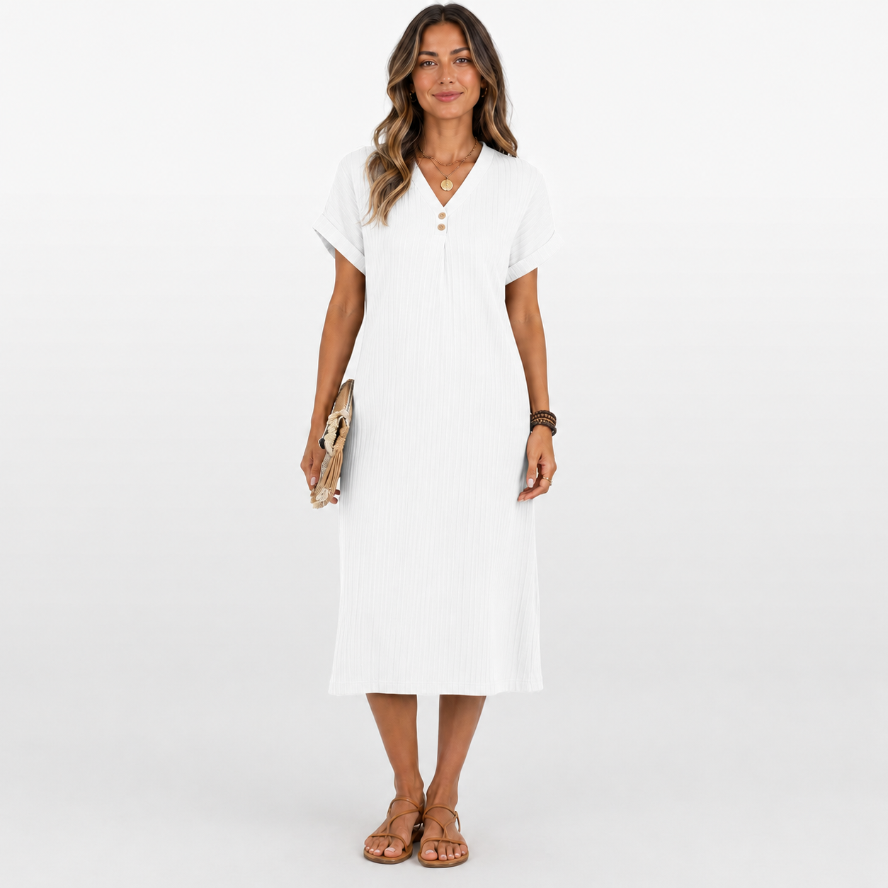 Woman wearing a white dress on a plain background
