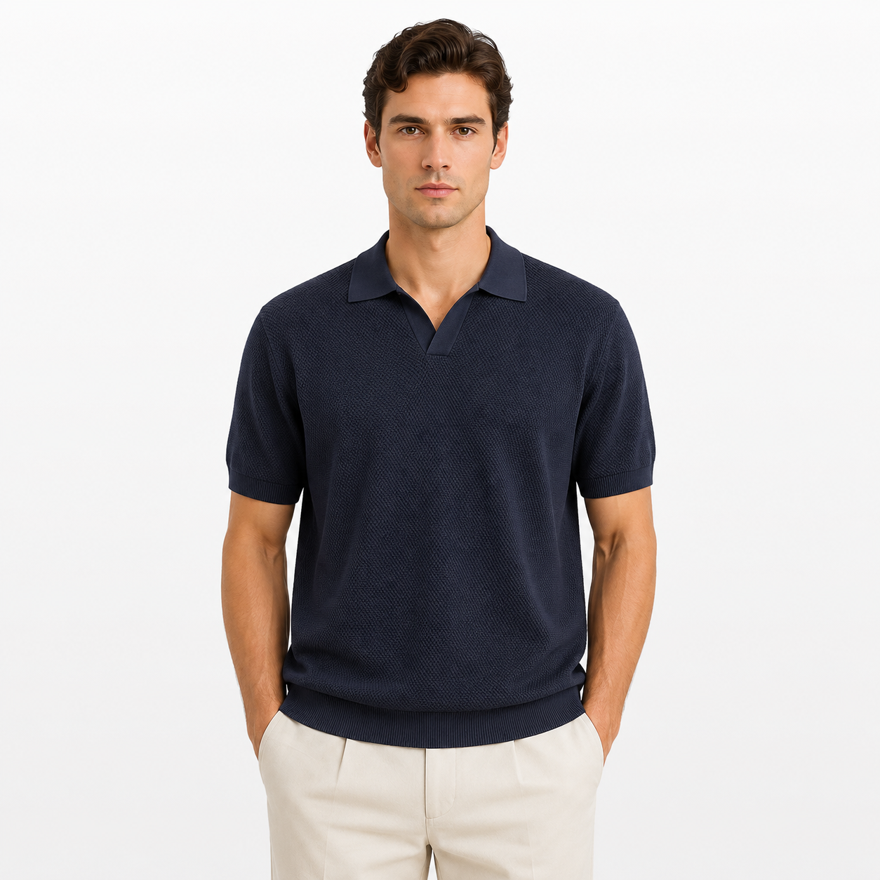 Man wearing a navy blue polo shirt and beige pants on a white background