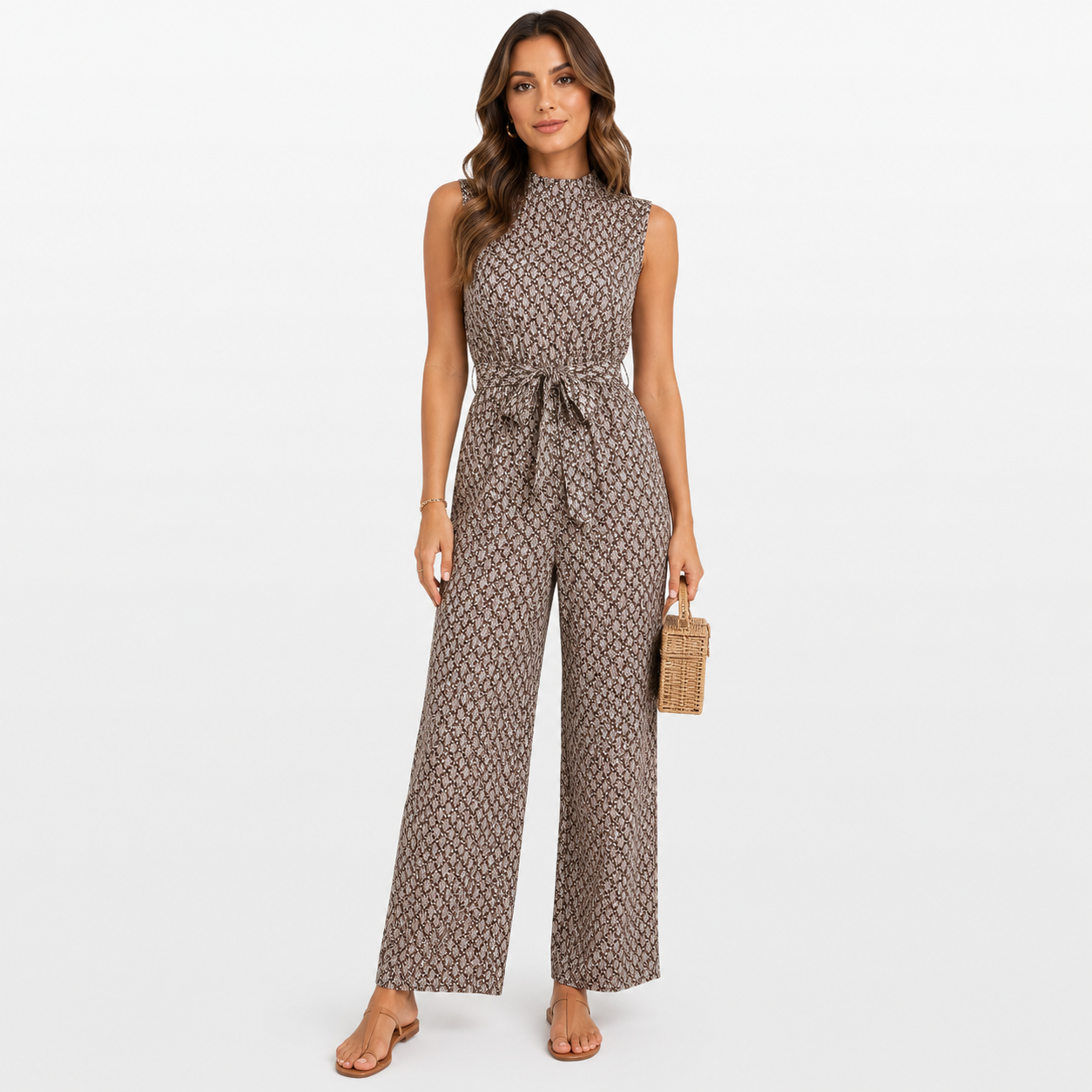 Woman wearing a patterned jumpsuit on a white background