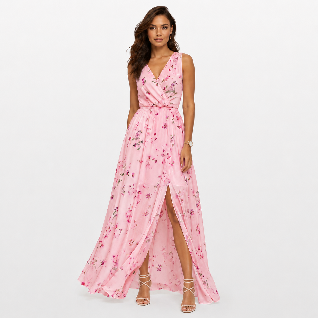 Woman wearing a pink floral dress on a white background