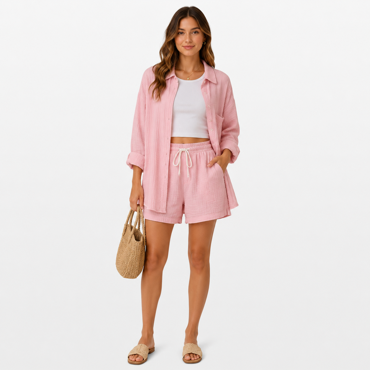 Woman wearing a pink outfit with shorts and a jacket on a white background