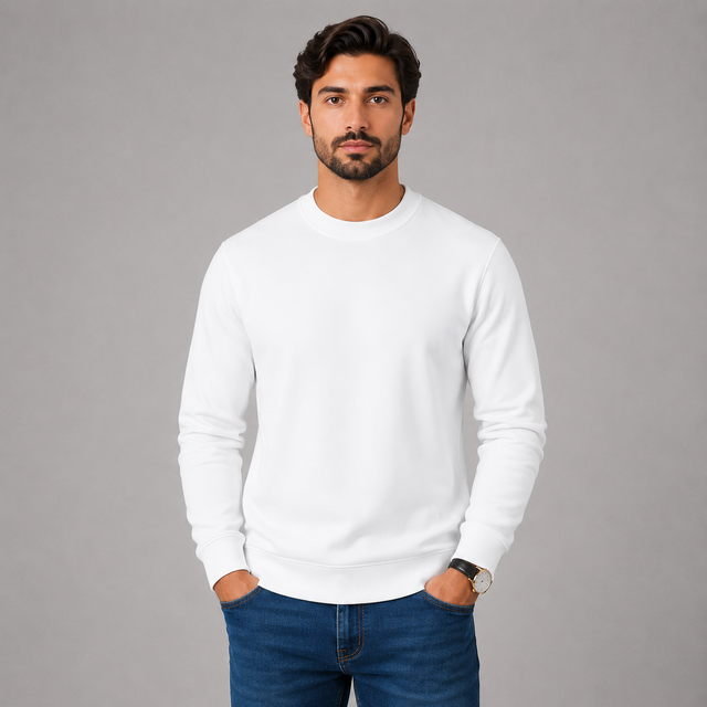 A man wearing a plain white crewneck sweatshirt and blue jeans, standing against a solid gray studio background.