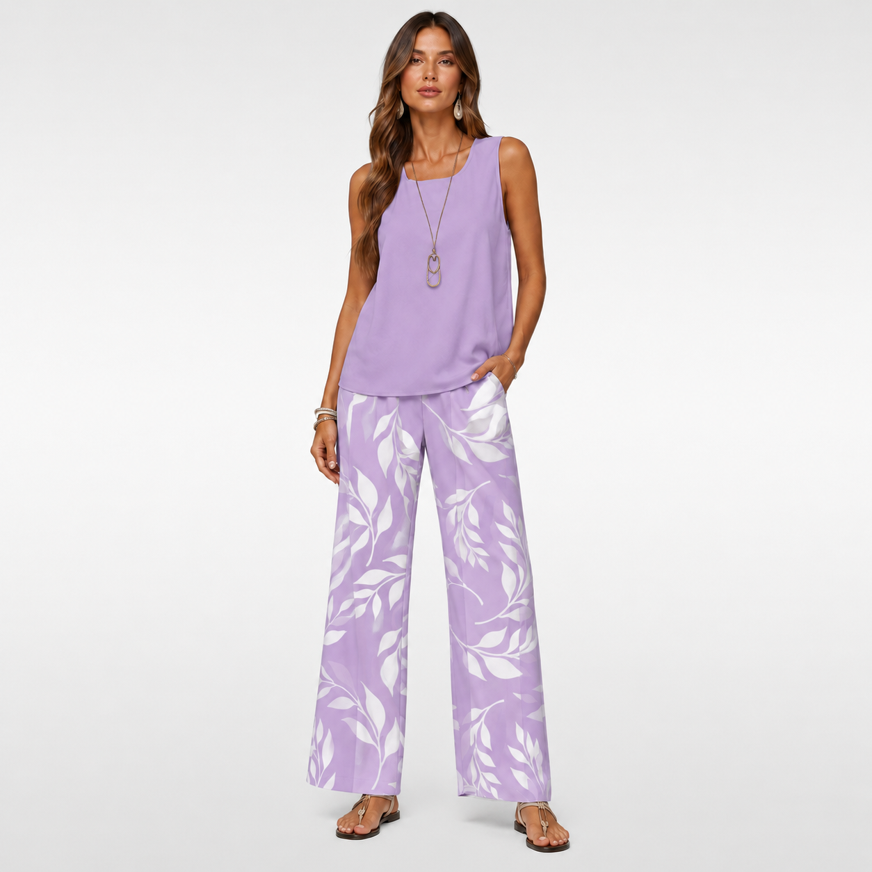 Woman wearing a purple sleeveless top and leaf-patterned pants on a white background