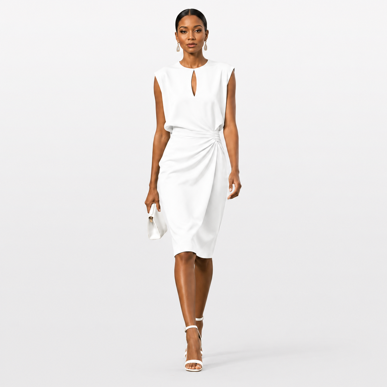 Woman wearing a white dress on a plain background