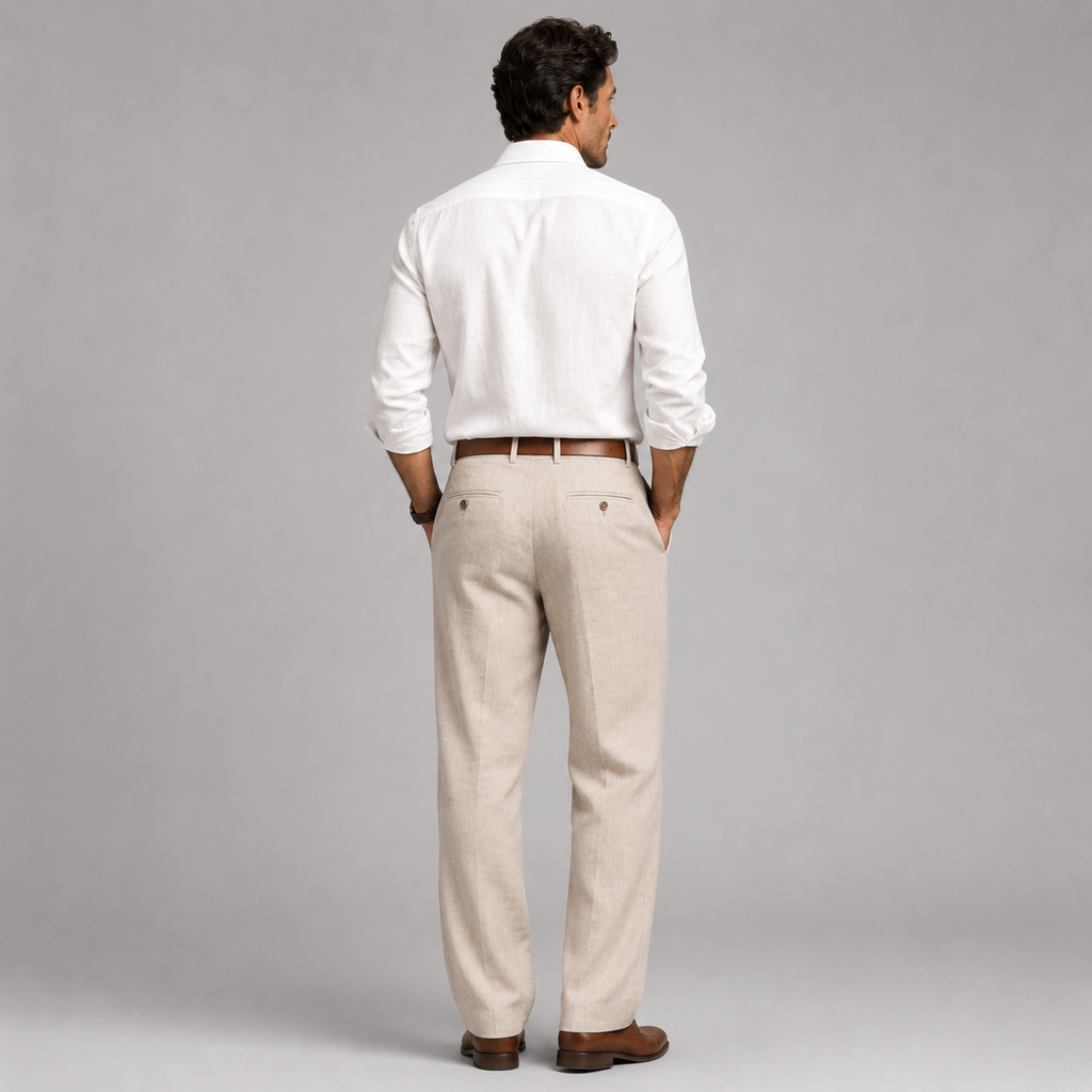 A man viewed from behind wearing a white long-sleeve button-down shirt, light beige linen trousers, a brown leather belt, and brown leather shoes, standing against a neutral gray studio background.