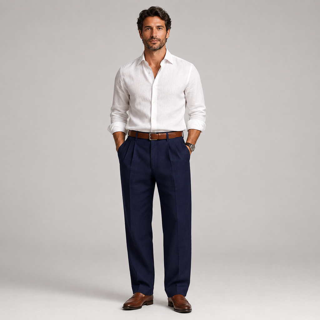 A man modeling a white long-sleeve linen shirt and navy blue pleated trousers with a brown leather belt and brown dress shoes, standing against a light gray studio background.