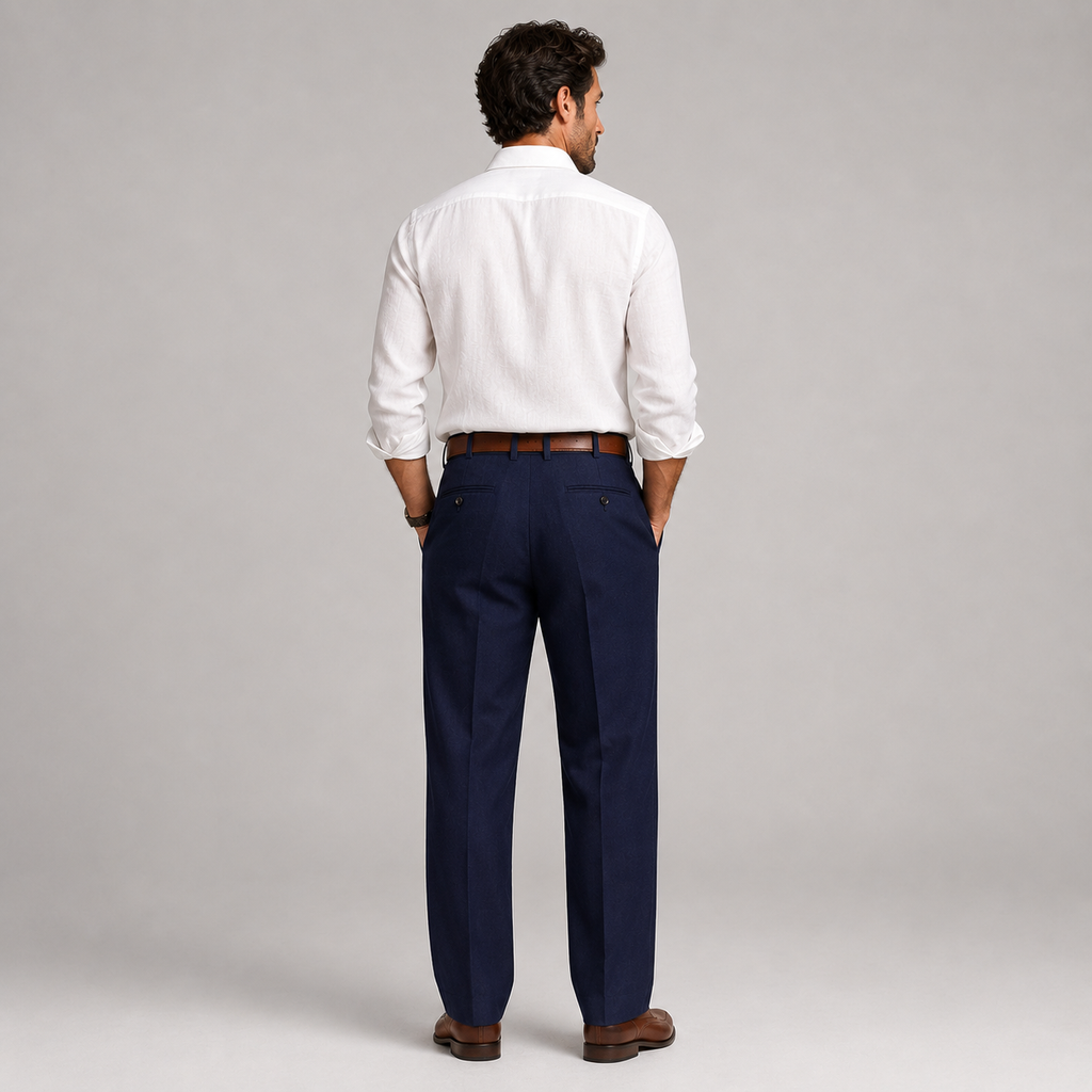 A man viewed from the back wearing a white long-sleeve button-down shirt, navy blue trousers, a brown leather belt, and brown dress shoes, standing against a light gray studio background.